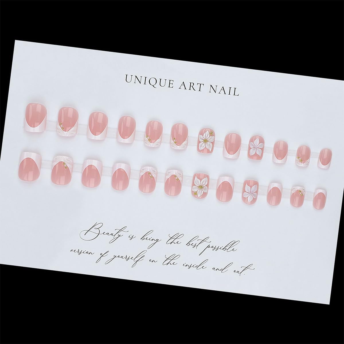 White French Tip Press on Nails Short Square Fake Nails with 3D Flower & Rhinestone Design Nude Pink Glossy False Nails Reusable Acrylic Glue on Nails for Women Daily Stick on Nails 24Pcs