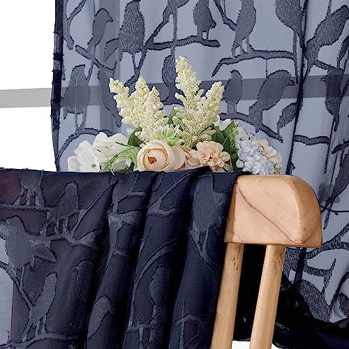 Navy Blue Sheer Curtains 84 Inches - 2 Panel Jacquard Drapes