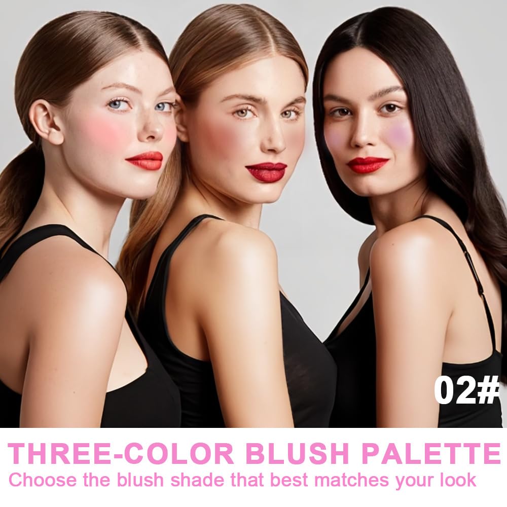 HHLTOH 3 Colors Face Matte Blush Palette Shading Blusher - Buildable Facial Cheek Blusher Contour Bronzing Pressed Powder Makeup Pallet Women Gift Set (3 Colors Blush Contour Palette with brush #02)