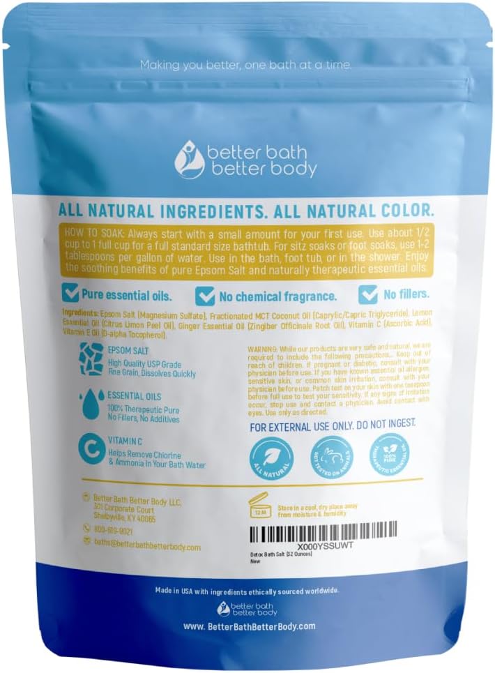 Detox Bath Salt - 32 Ounces Epsom Salt with Ginger & Lemon Oils | Vitamin C Infused, BPA-Free Pouch