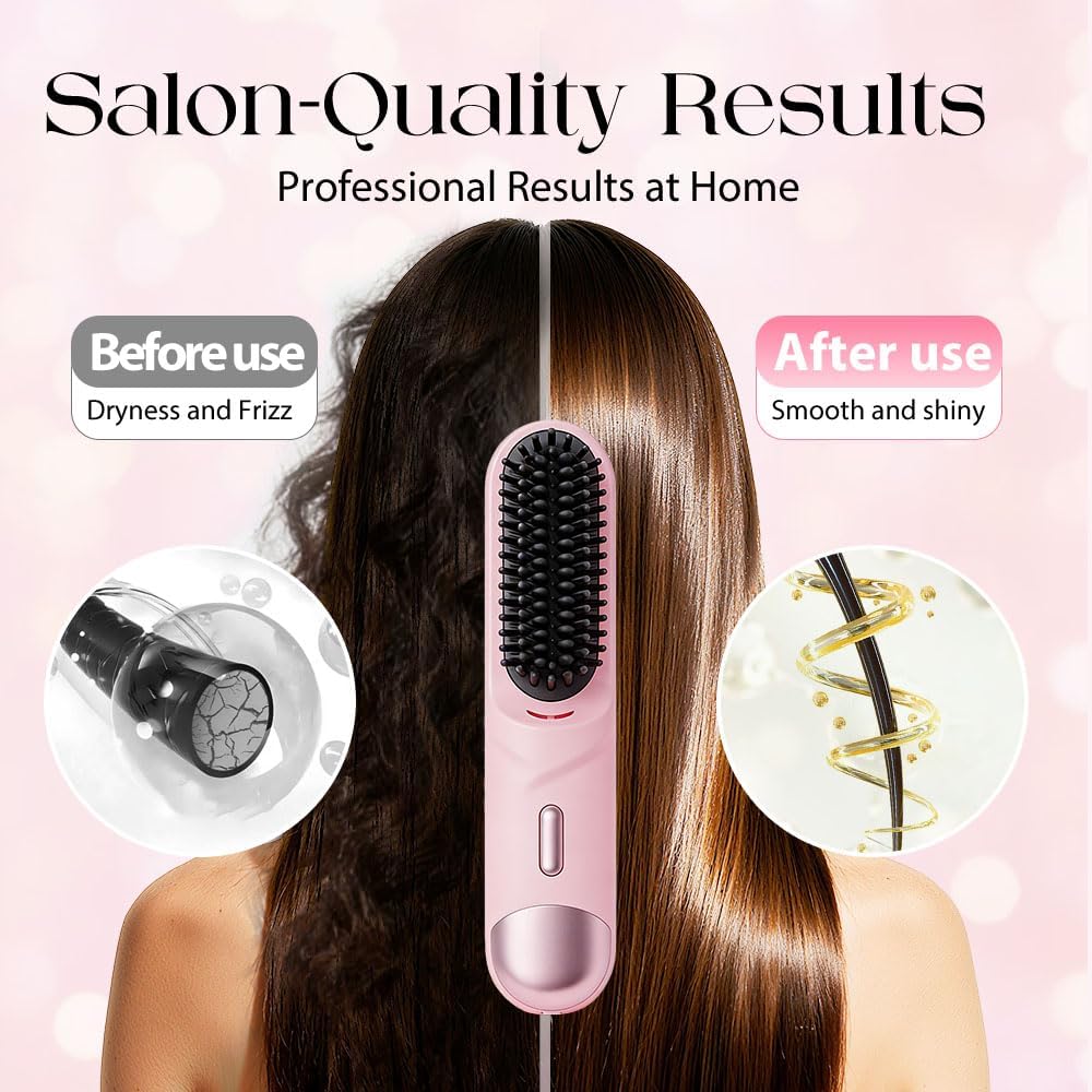 Go Brush Pro Cordless Hair Straightening Brush - Fast Heating Ceramic for Short & Long Hair | USB-C Rechargeable, Portable, Black