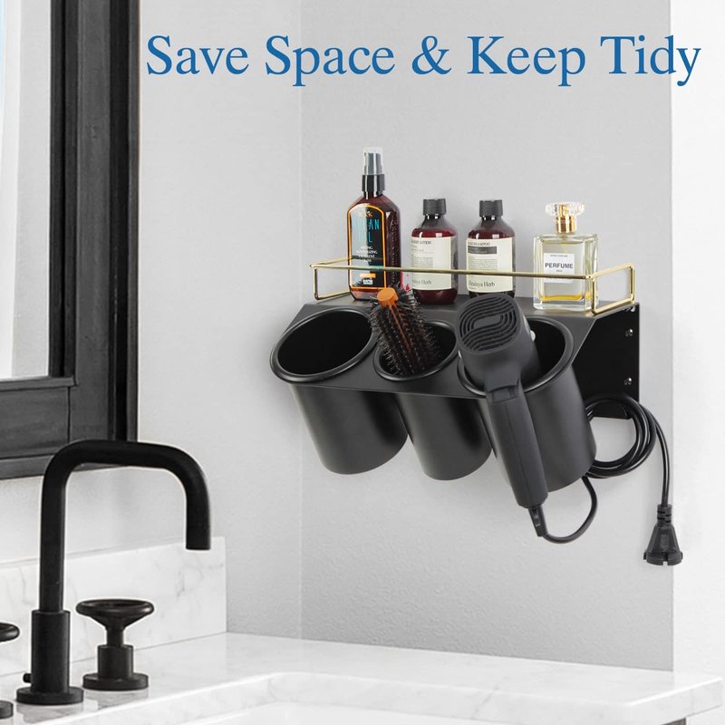J JACKCUBE DESIGN Hair Dryer Holder Wall Mount Bathroom Vanity Hair Styling Care Tool Accessories 3 Cups Storage Organizer Caddy with Shelf Steel Black Gold- MK1002A (Black)