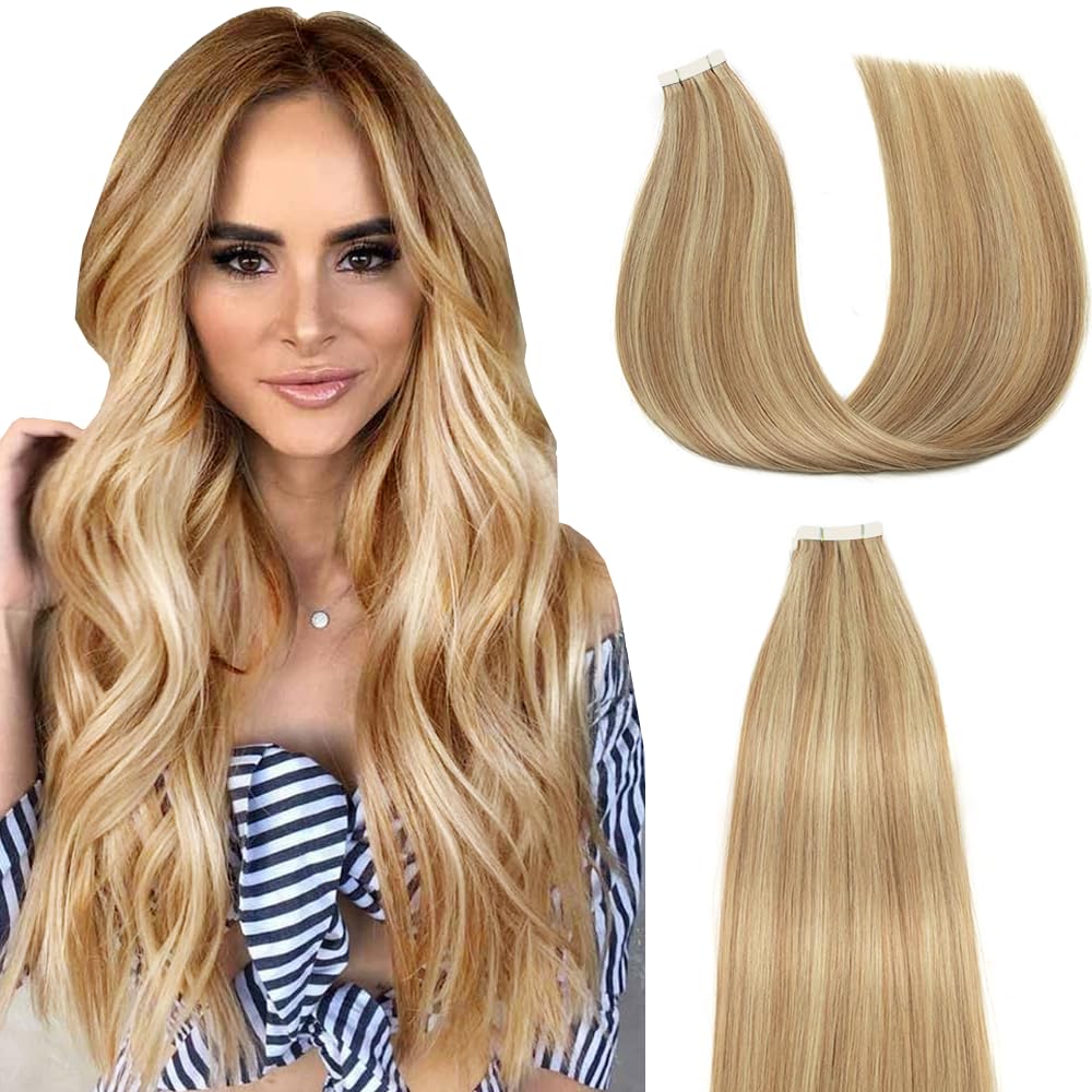HuxoWax Straight Tape In Human Hair Extensions P27/613 Highlight Blonde Weft Weave 10 Packs Total 40g Honey Blonde Color Invisible Human Hair Tape In Extensions 14 Inch