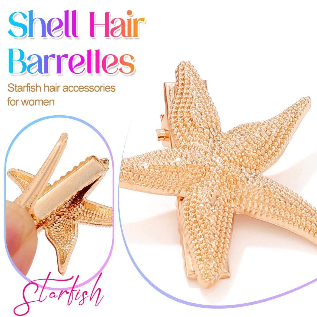 Beach Hair Clips - Gold Seashell & Starfish Hair Accessories for Women | Pack of 6