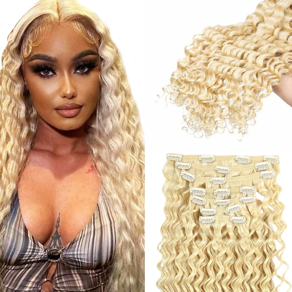 16 Inch #613 Clip in Hair Extensions Real Human Hair 120g/7Pcs,Full Shine Honey Blonde Remy Human Hair,#613 Blonde Body Wave Clip ins Brazilian Virgin Human Hair Extensions