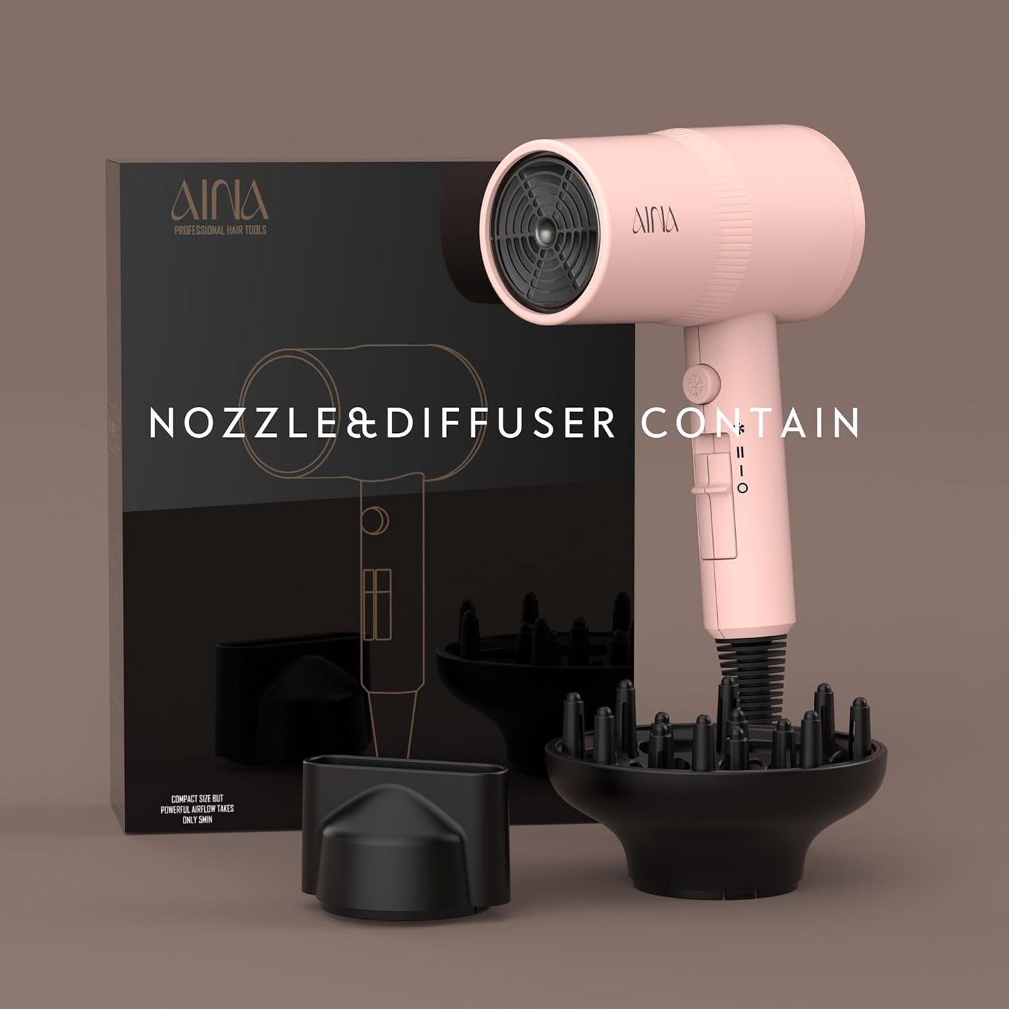 AINA Hair Dryer with Diffuser - Advanced Ionic Technology & Ceramic Coating | Fast Drying & Shine in Babe Pink 110V