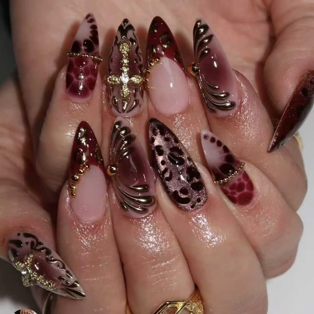 French Tip Almond Press-On Nails - Cat's Eye Acrylic with 3D Charms | 24 Pcs Set