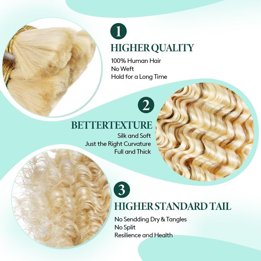 Boho Hair for Braiding, Curly Virgin Human Braiding Hair for Women, 12A Knotless Deep Wave Bulk Bohemian Styles, 100g 24 Inch 2 Bundles/Pack Blonde Color 613