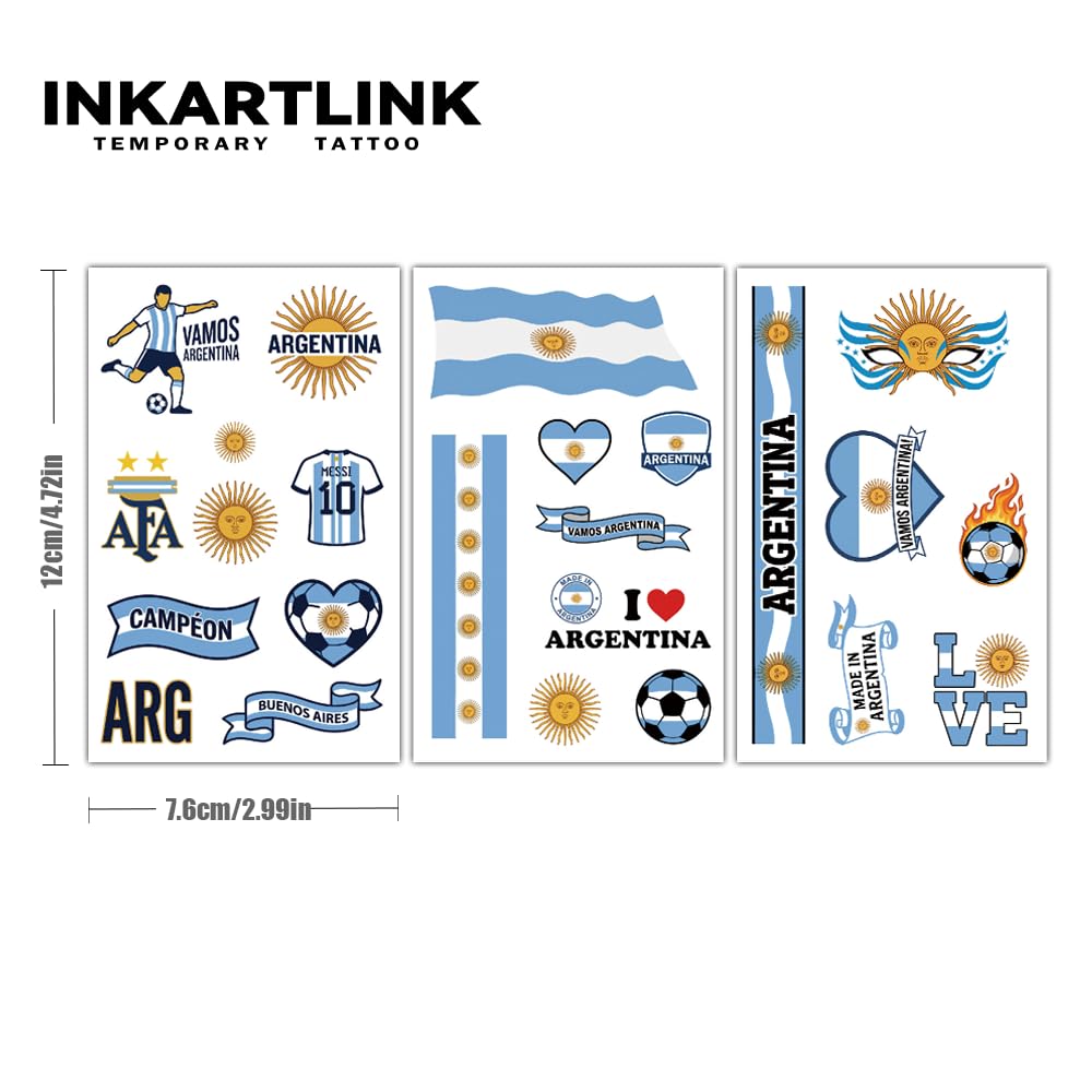 INKARTLINK 3 Pcs World Cup 2026 Temporary Tattoos, Argentina Flag Face Tattoo Transfer Stickers, Waterproof Game Day Football Soccer Fan Makeup, Sports Party Decorations