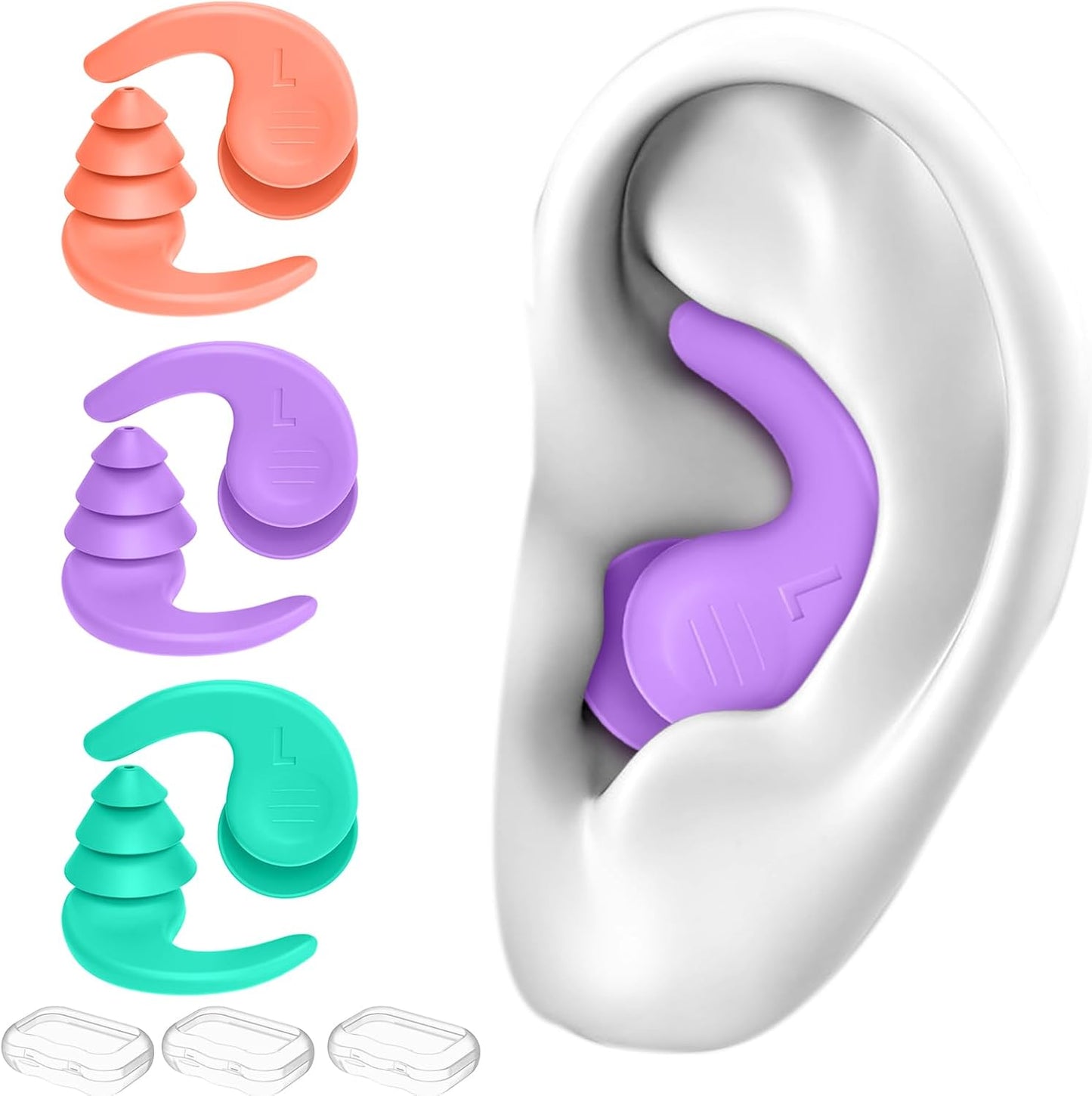 Swimming Ear Plugs - Waterproof Reusable Silicone for Adults | 3 Pairs for Swimming, Surfing & Showering