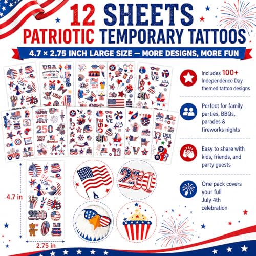 250th Anniversary Temporary Tattoos - USA Patriotic Party Favors
