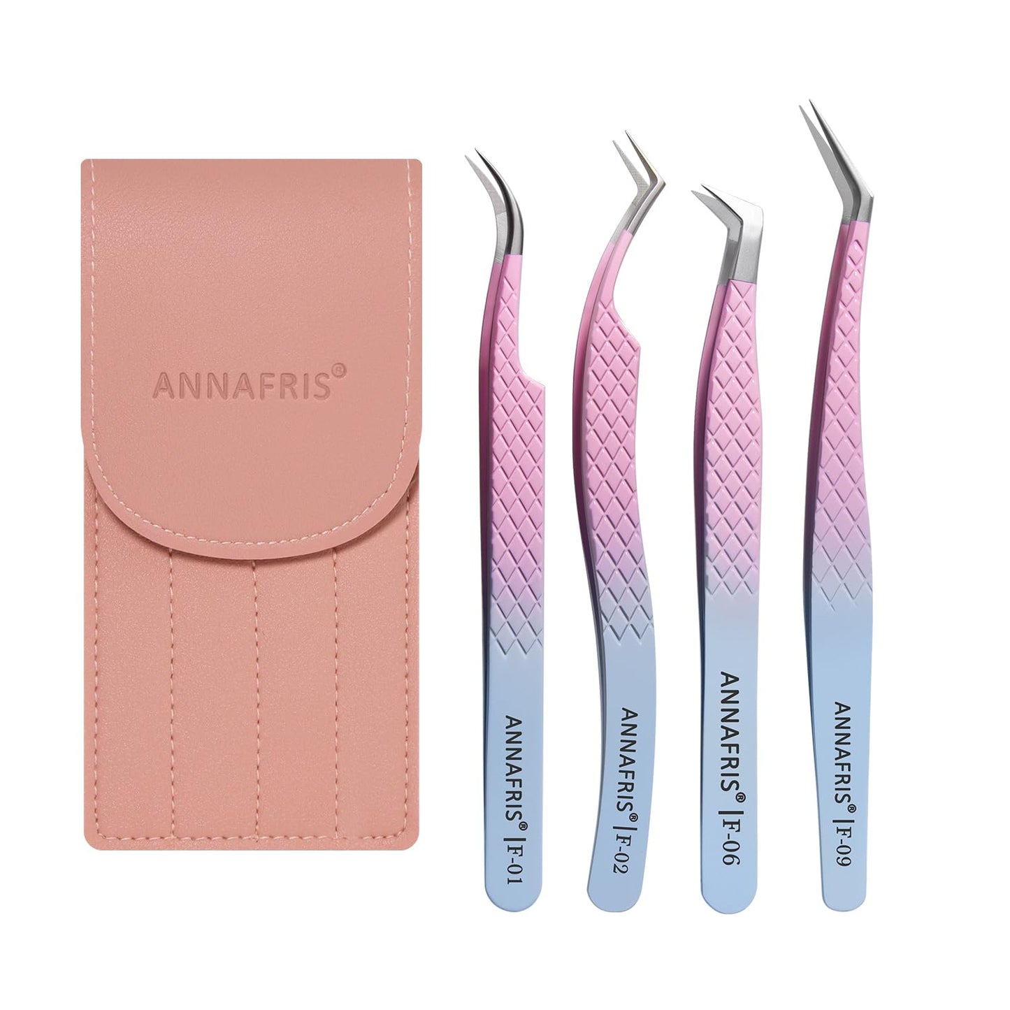 ANNAFRIS Eyelash Extension Tweezers,Fiber Tip Grip Boot Volume Lash Tweezers,Professional Pointed Lash Extension Tweezers for Easy Lash Application and Removal(4Pcs-F01/02/06/09)