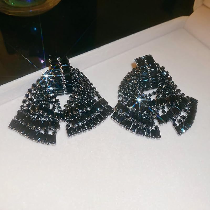 Missgrace Women's Black Silver Rhinestone Dangle Earrings with Bow & Tassels