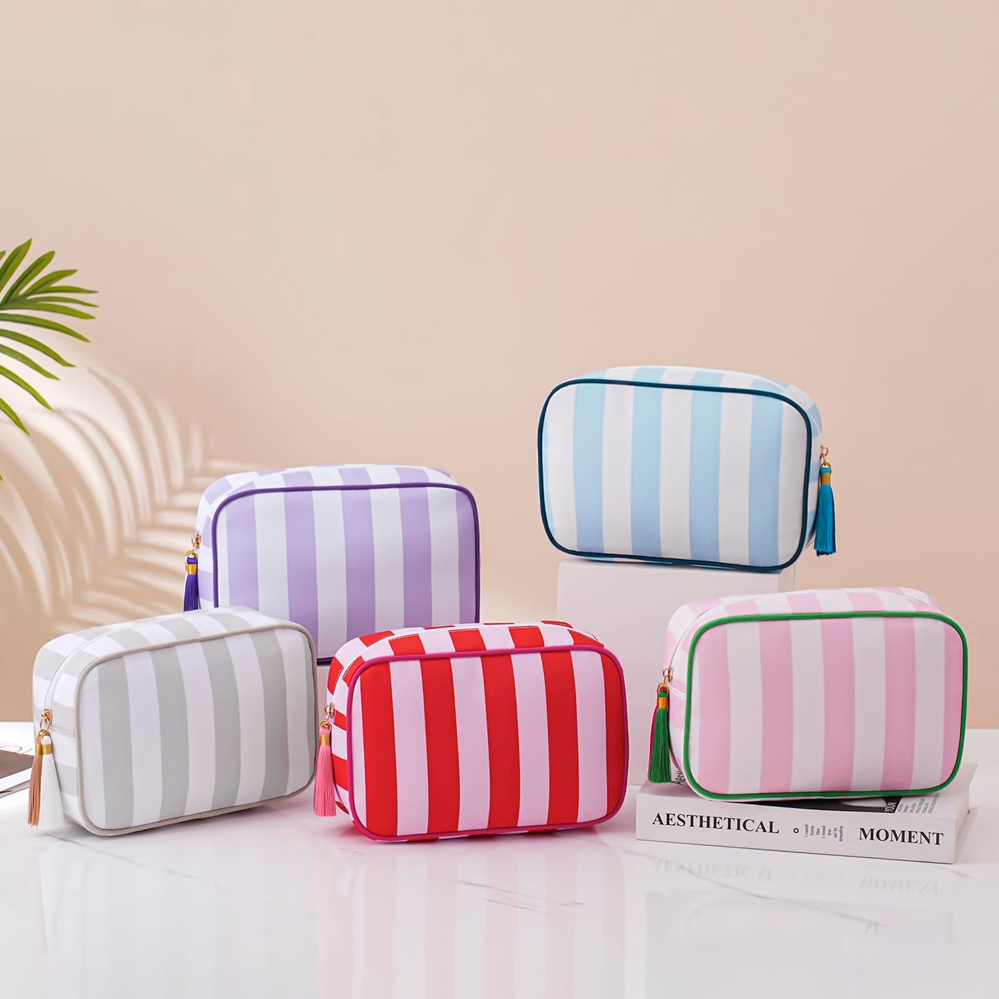 RSRSLEII Large Stripe Zipper Makeup Bag,Aesthetic Tassel Travel Cosmetic Bag,Coquette Toiletry Bag, Girls Handbags Purses,Accessories Storage Bag for Women Girls,Mahjong Tiles Bag(Blue)