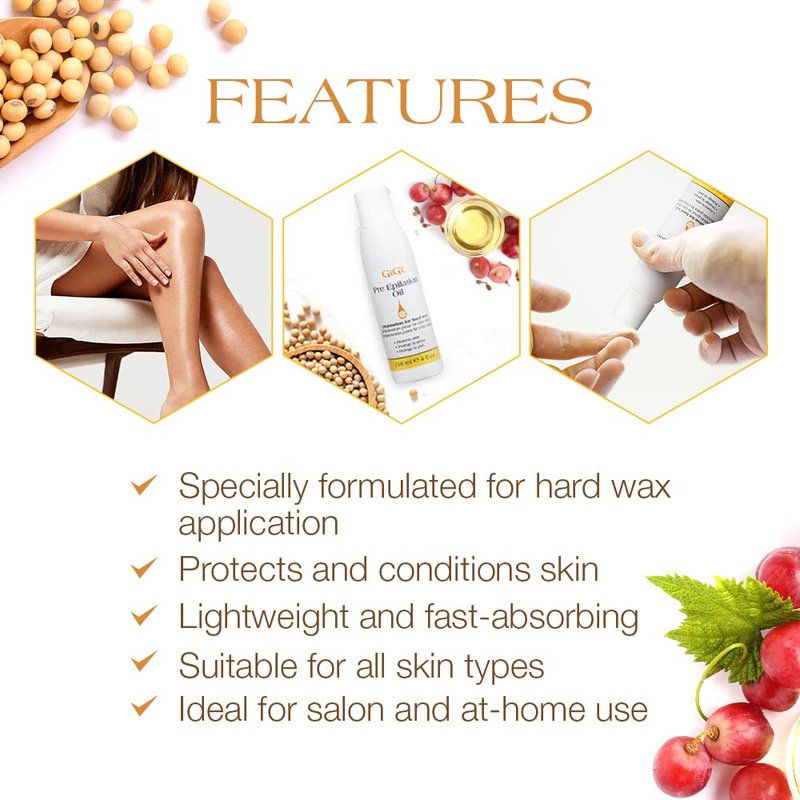 GiGi Pre Wax Epilation Oil for Hair Removal - Soothing Soybean & Grape Seed Oils, Pre-Waxing Skin Prep, 4 fl oz