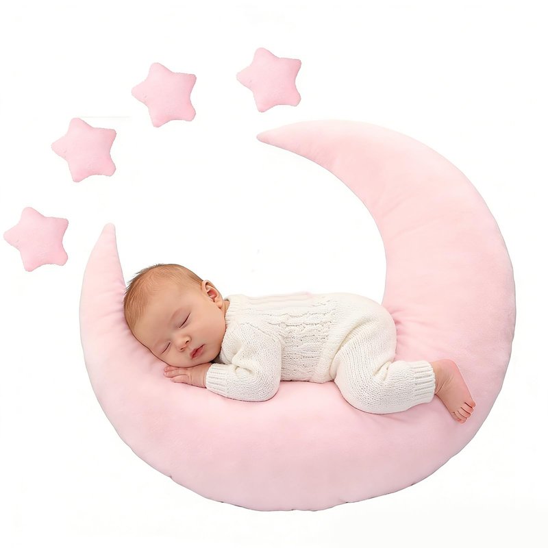 NSXAYIWE Newborn Photography Props, Crescent Moon Pillow for Newborns, Soft Newborn Photography Posing Pillowswith Moon and Star Celestial Decor for Infant Photography (Pink)
