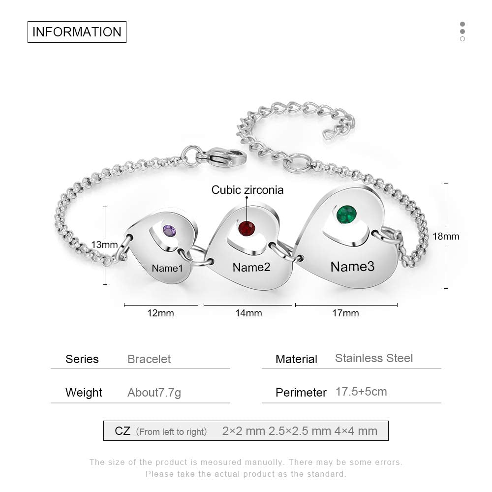 Luxladis Personalized Name Heart Bracelet with 1-6 Birthstones Custom Bracelet for Women Engraved Names Link Bracelets for Mother's Day Mom (3 names)