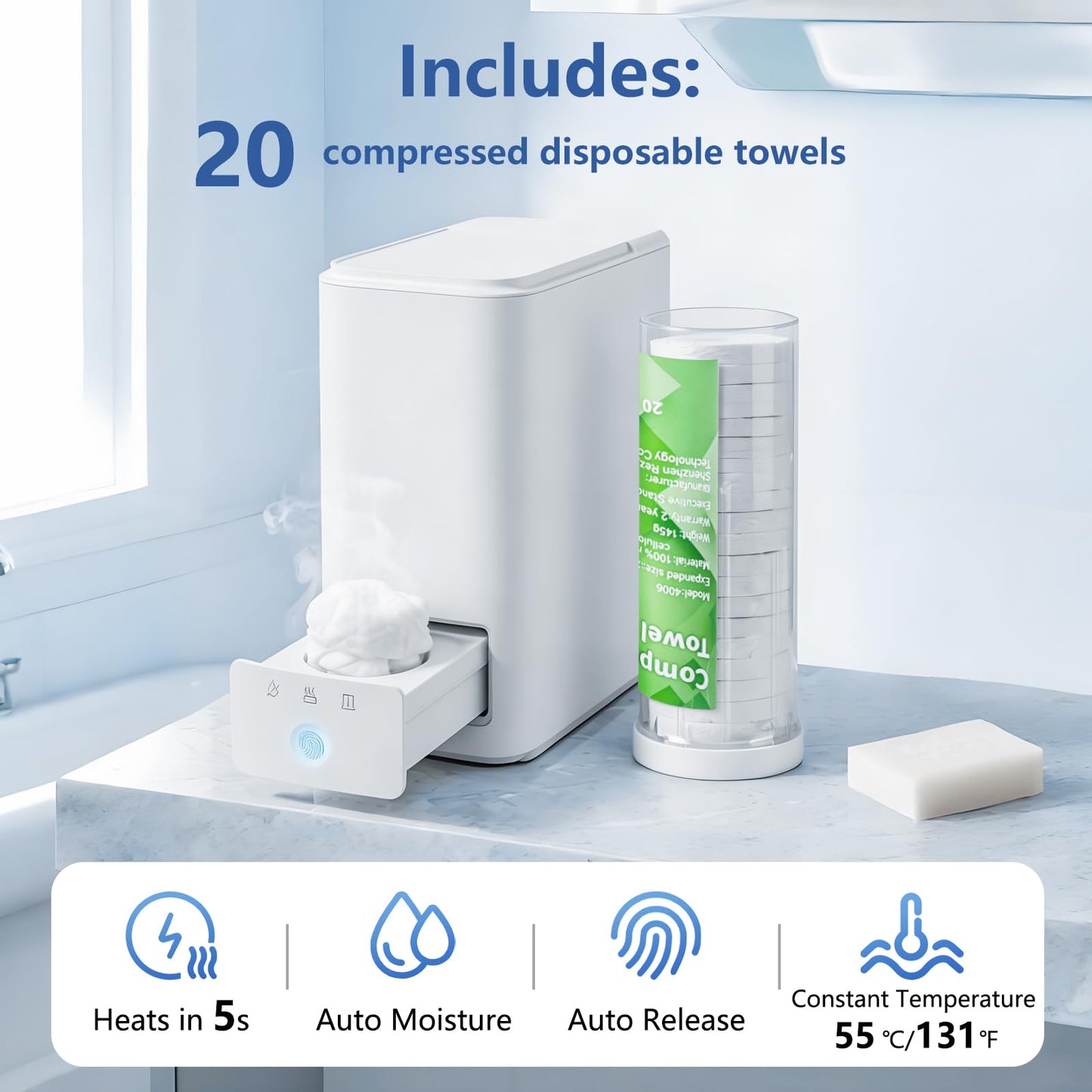 Hot Towel Dispenser & Face Hot Towel Warmers — 55°C (131°F) Smart Pop-Out 5s Rapid-Heat Drawer for Bathroom, Includes 20 Disposable Facial Towels for Skincare