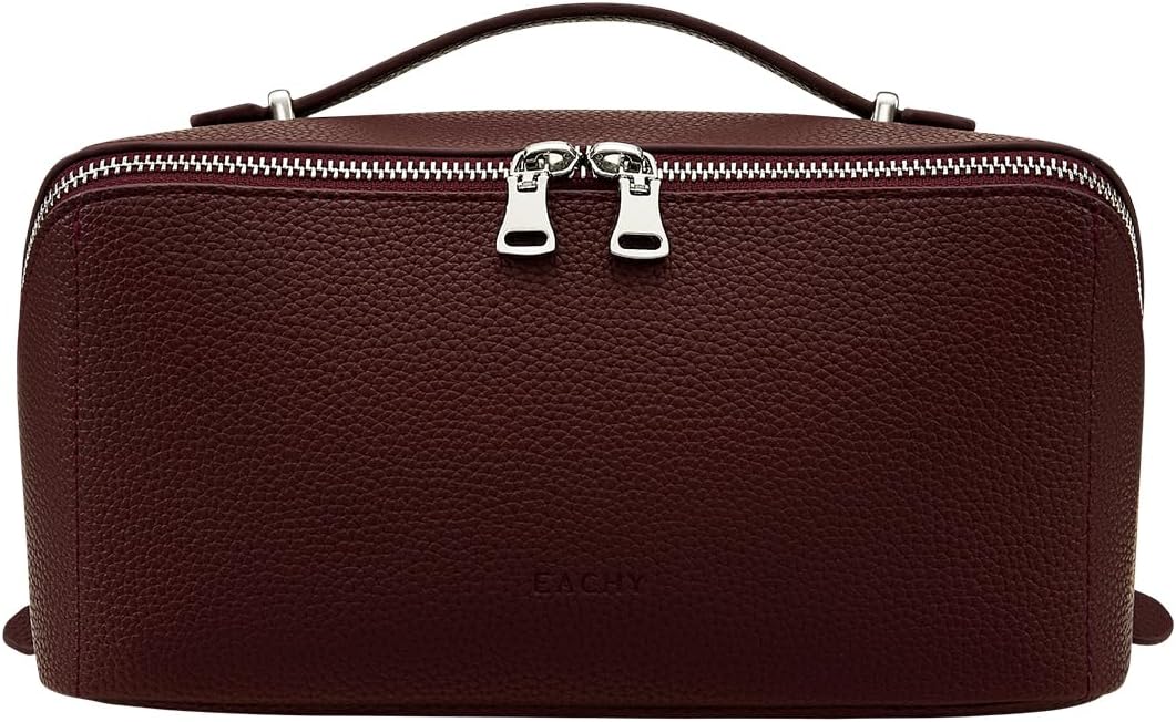 Travel Makeup Bag - Large Capacity Lychee Leather Cosmetic Organizer | Waterproof Toiletry Bag with TPU Brush Compartment