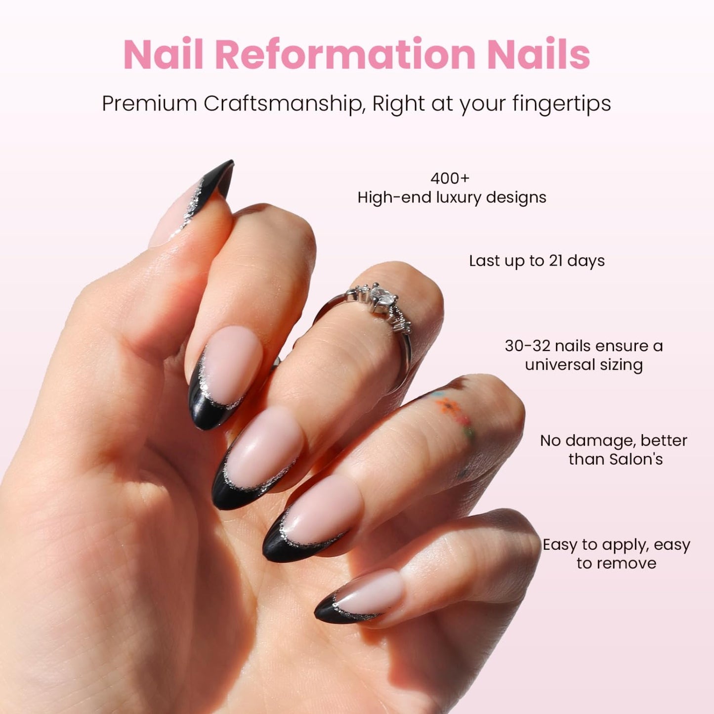 Press On Nails - Black Glitter French Tip Almond Shape | Reusable Glossy Finish in 16 Sizes - 32 Nail Kit for Women