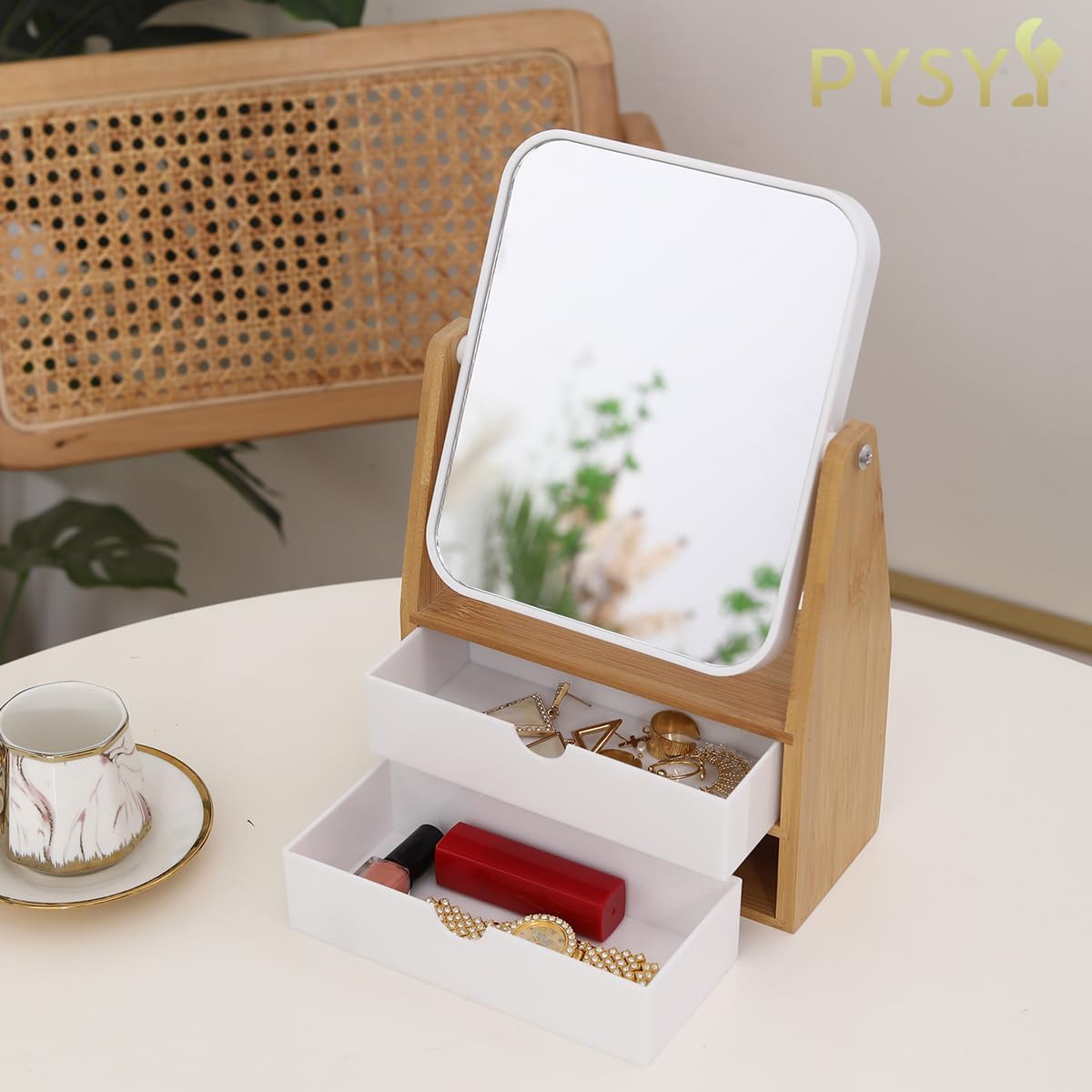 Magnifying Makeup Mirror - 1x/5x Dual-Sided with Bamboo Stand & Jewelry Storage Box | 360° Rotatable, Rectangle