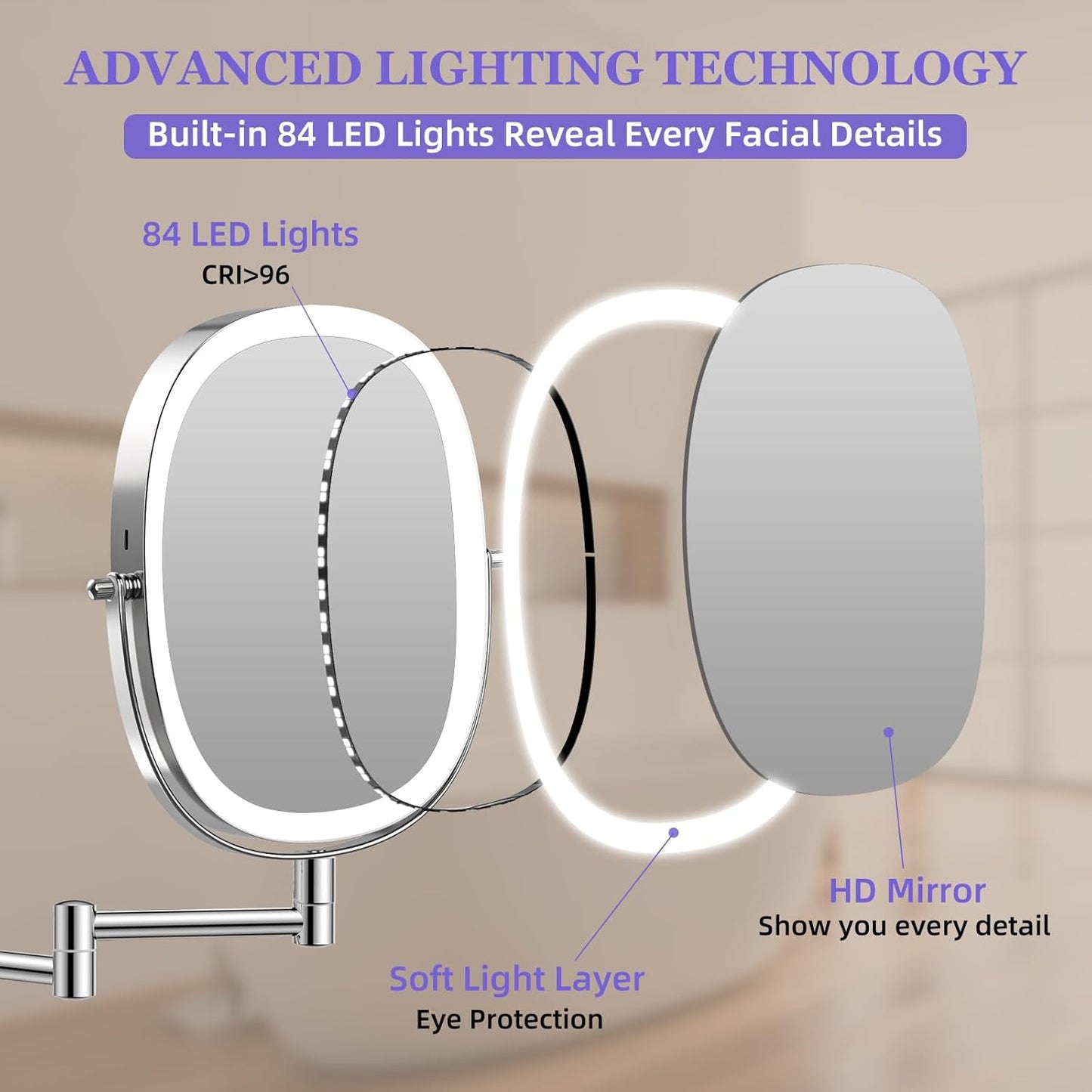 FUNTACH 30X/1X Wall Mounted Lighted Makeup Mirror - Rechargeable Double-Sided Magnifying Design | 3 Color Modes, 360° Rotation