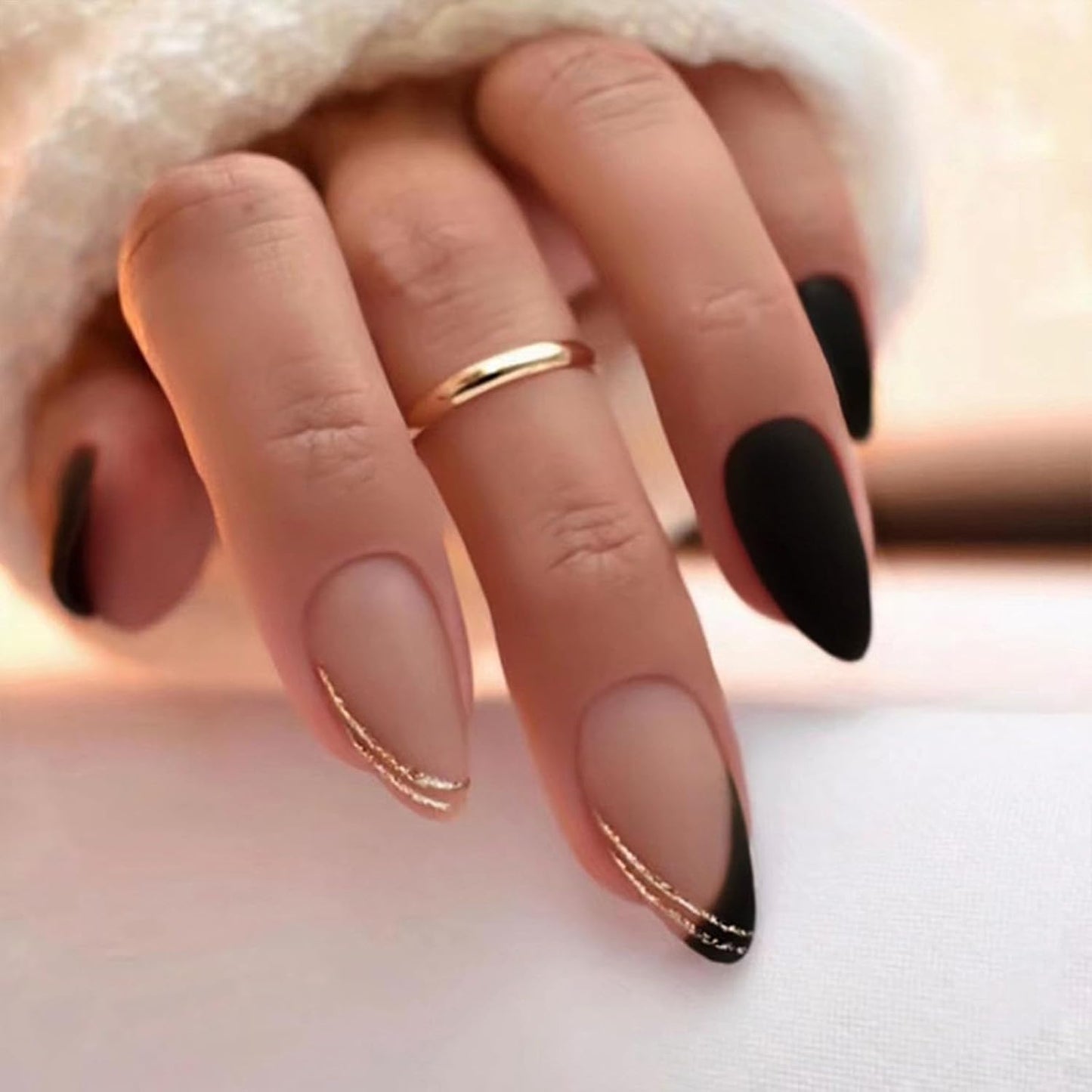 Press On Nails - Orange Almond Shape with Gold Glitter Swirl | 24 Pcs Acrylic Fake Nails for Women