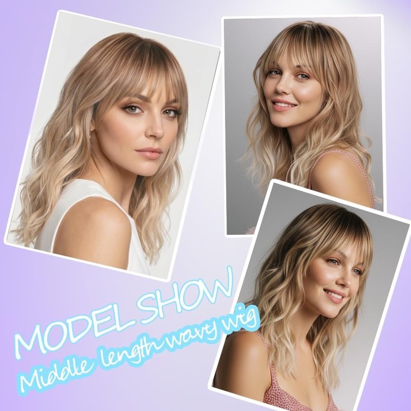 Wavy Ombre Blonde Wig with Bangs - Medium Length Synthetic Hair | Heat Resistant for Daily Use (16 Inch)