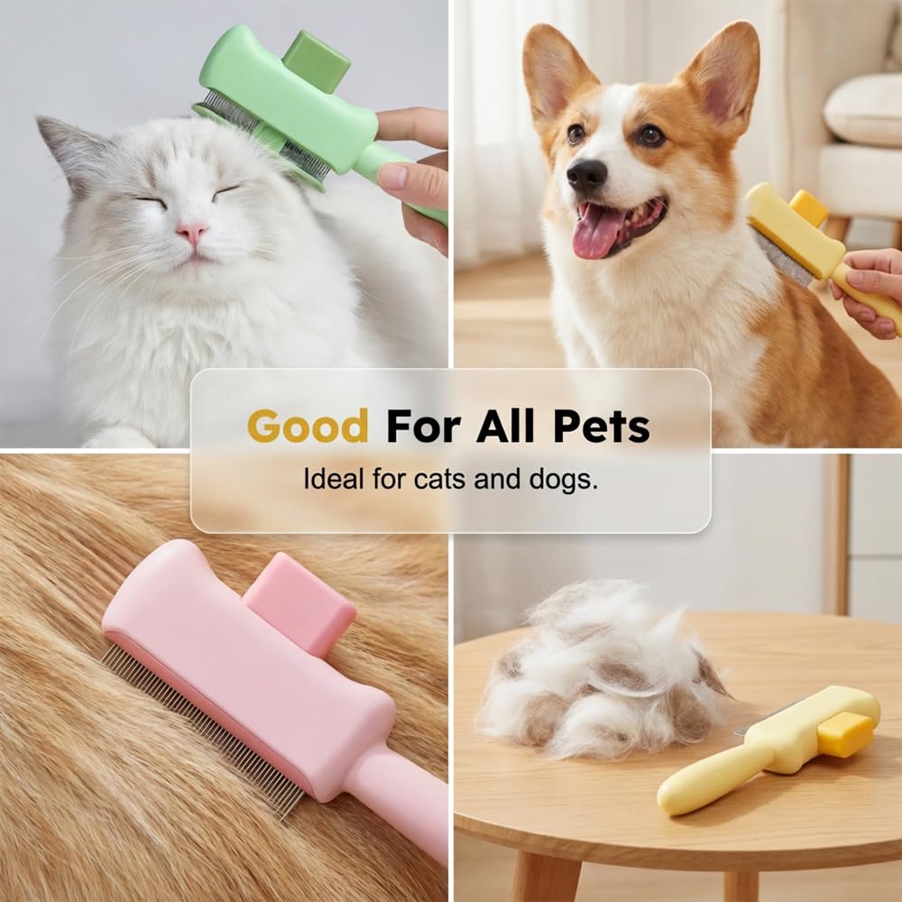 Cat Self Cleaning Pet Hair Removal Comb, Cat Grooming Brush With Long Short Stainless Steel Metal Teeth, Pet Grooming Brush For Home, Portable Cat And Dog Grooming Comb For Travel (Green)