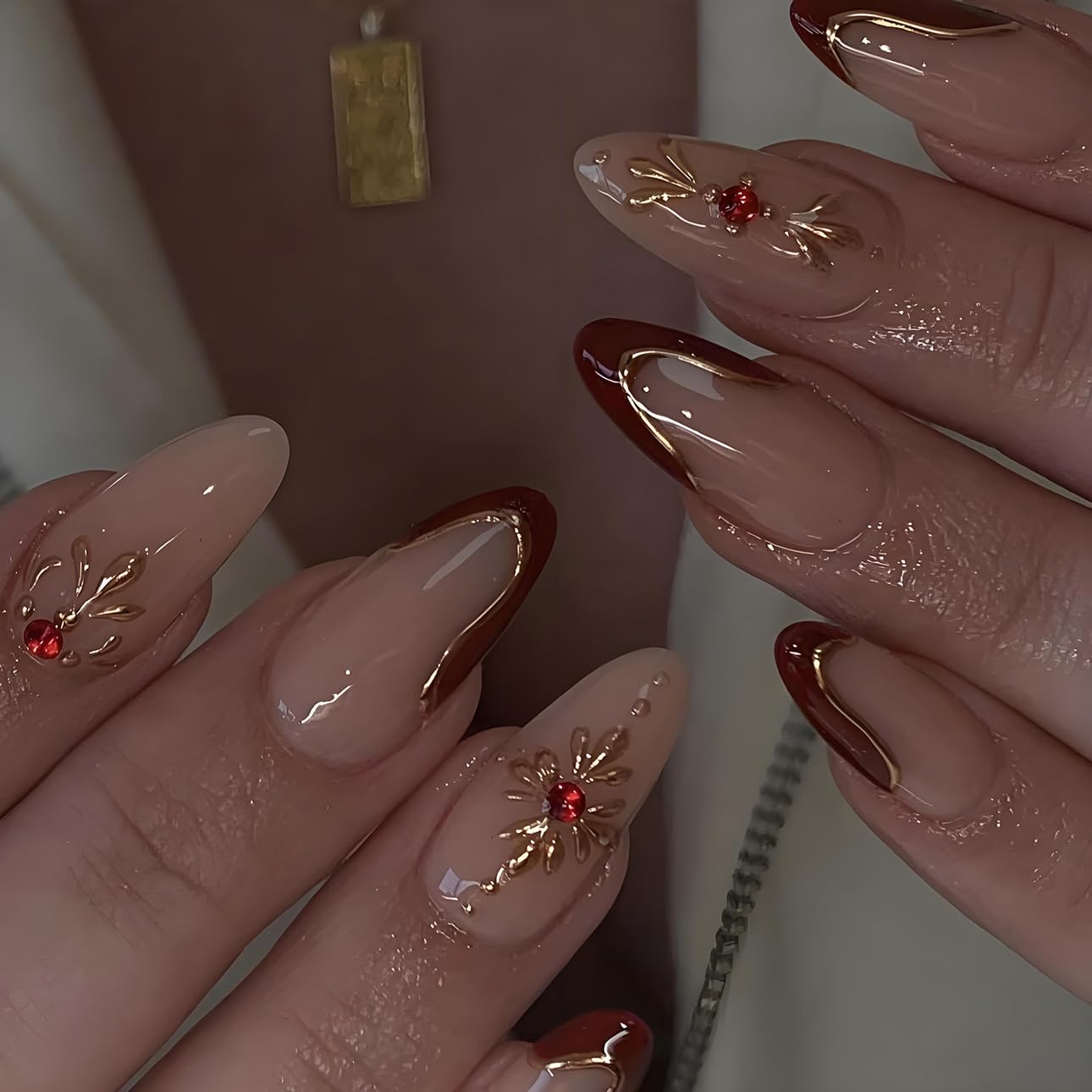 Red French Tip Press-On Nails - Almond Shape with 3D Crystal Designs | 24 Pcs Reusable Nail Kit for Manicure