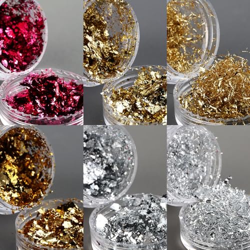 Fcozpjk Gold Foil Flakes for Nail Art - 6PCS Gilding Flakes Set