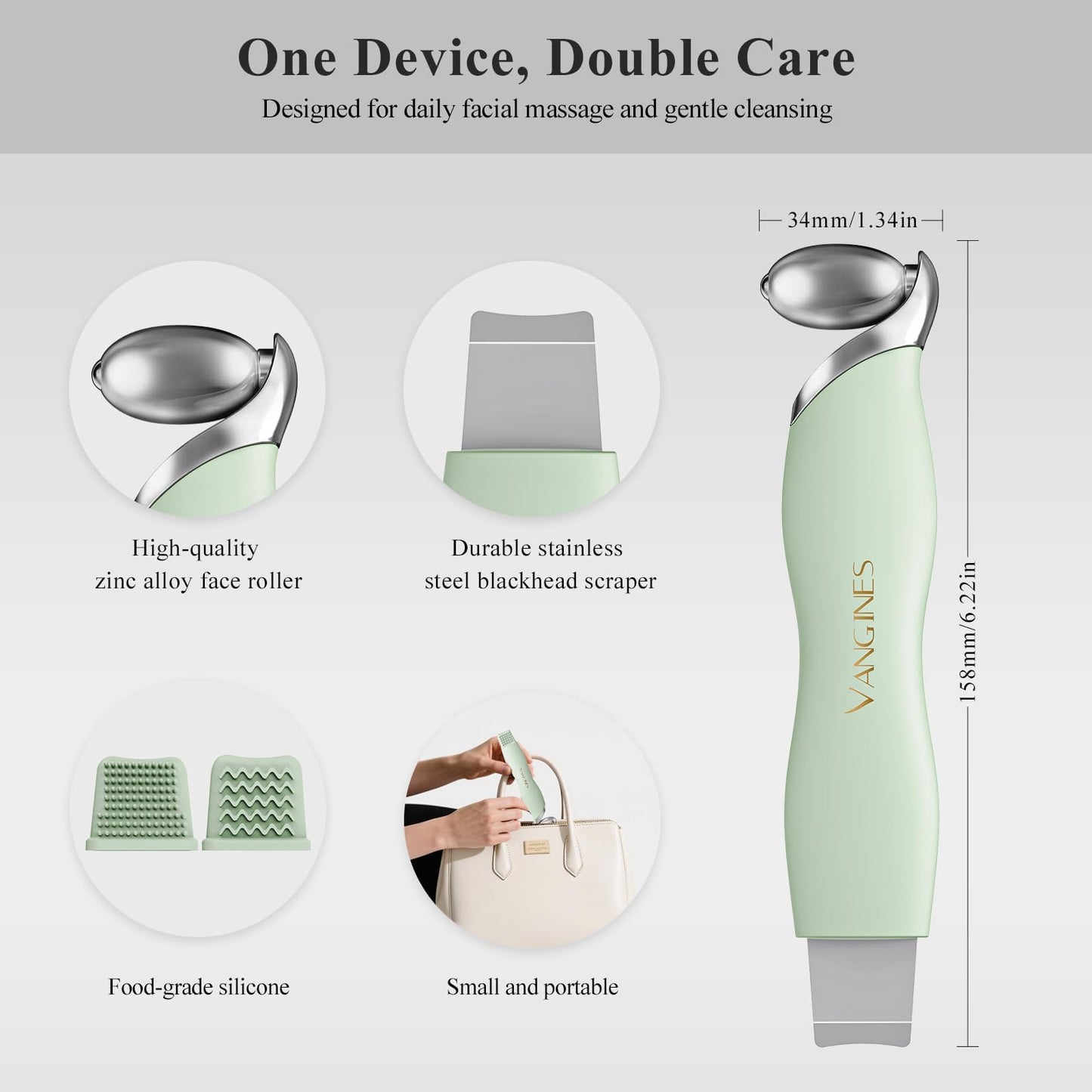Vangines Blackhead Remover Tool with Ice Roller, Stainless Steel Face Scraper, Skin Scrubber Face Spatula for Deep Cleansing, 3-in-1 Skin Care Tool with 2 Silicone Brush Heads (Sage Mist)