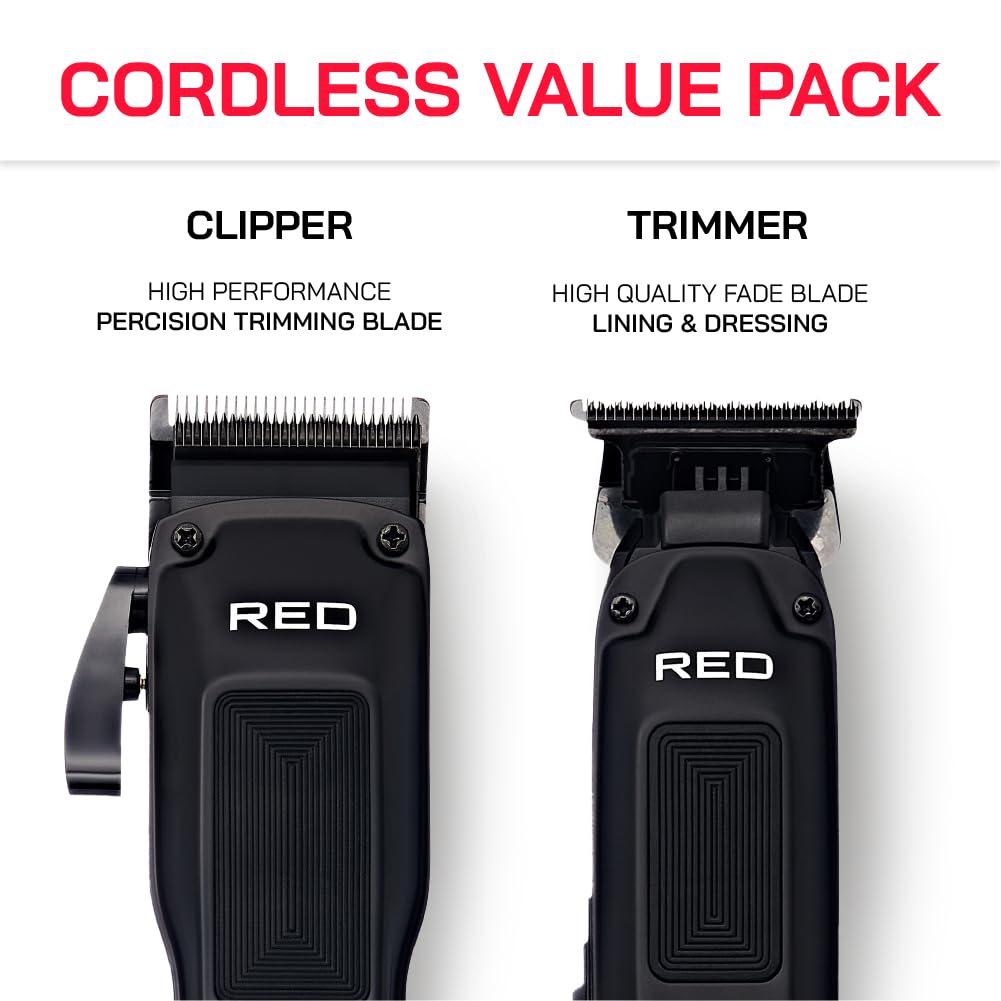 Red by Kiss Cordless Clipper & Trimmer Combo Set for Hair & Beard Grooming, Professional Fade Clipper with Precision T-Blade Trimmer, Rechargeable Haircut Kit for Home & Barber Use (Black)