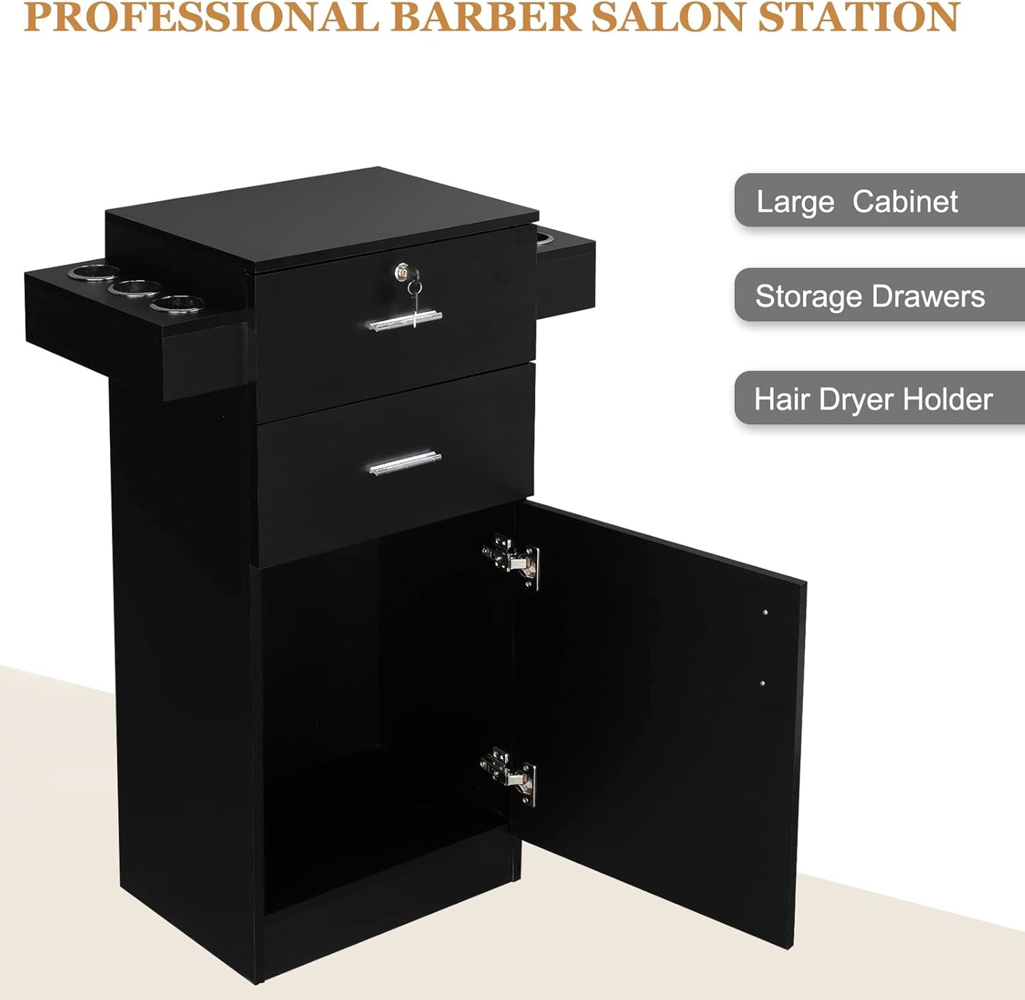 Salon Stations for Hair Stylists - Beauty Salon Storage Cabinet with 2 Drawers & 6 Hair Dryer Holders | Black