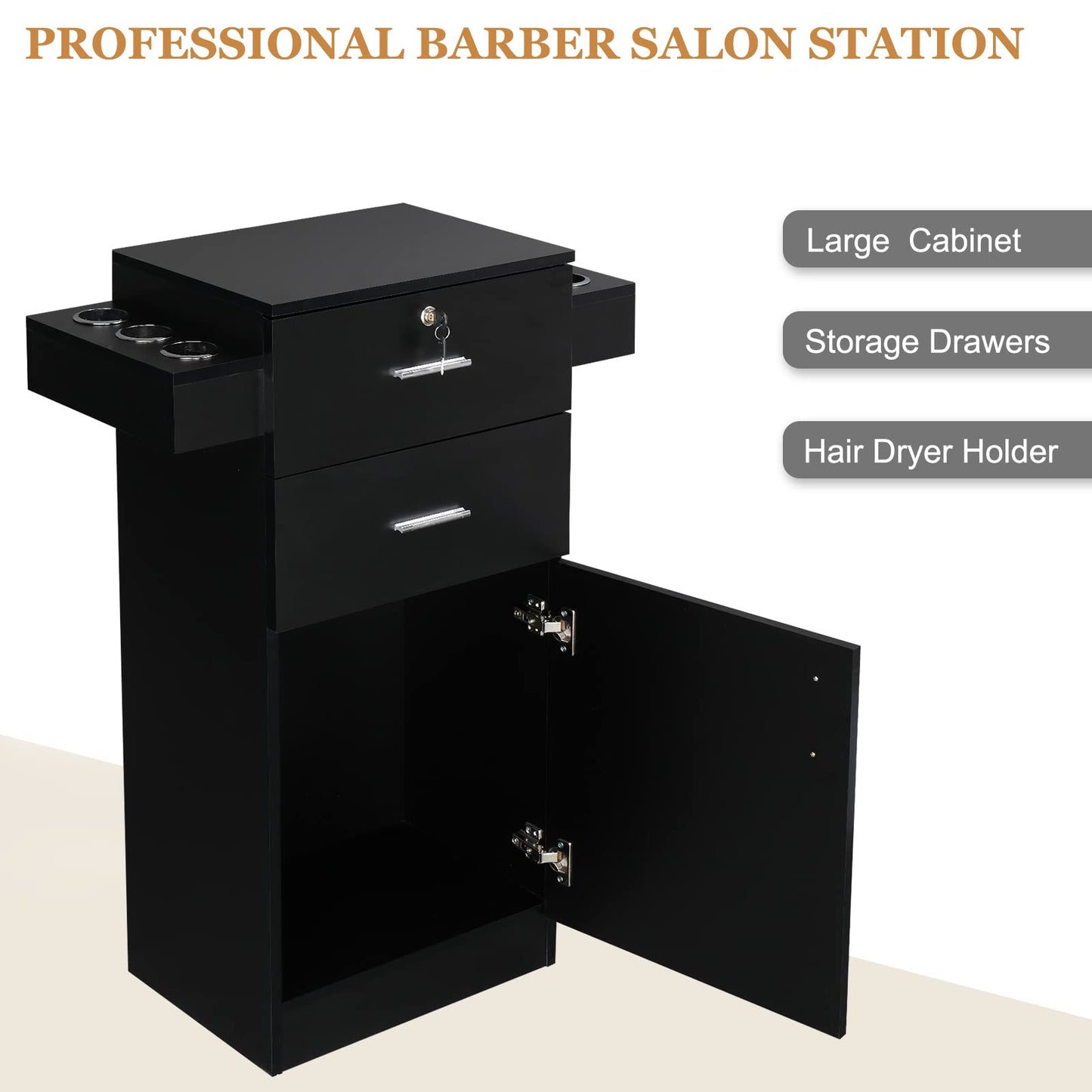 OmySalon Salon Stations for Hair Stylist, Beauty Salon Storage Cabinet, Hair Styling Equipement Set with a Large Storage Cabinet, 2 Drawers and 6 Hair Dryer Holders, Black