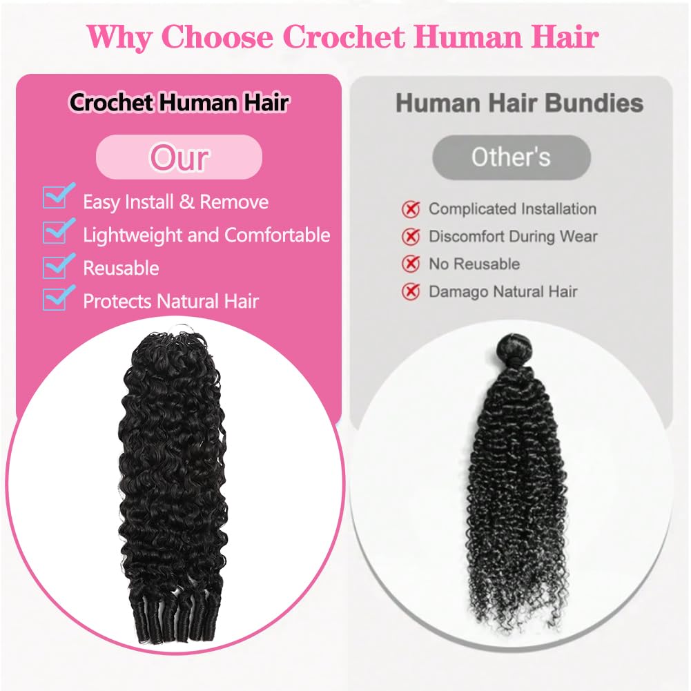 Human Crochet Hair for Black Women 16 Inch 60g Burmese Curly Human Hair Bundles Pre-Separated Miracle Knots Feather Crochet Human Hair Lightweight Reusable Hair Extensions 50 Strands Natural Black
