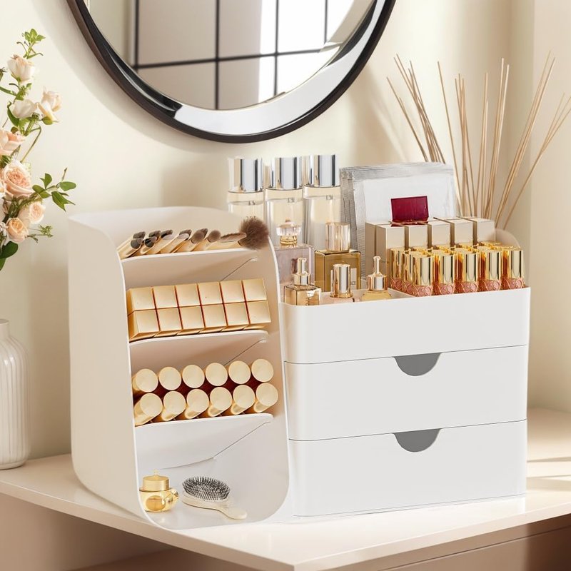 Makeup Organizer with 2 Drawers & Brush Holders - Versatile Cosmetic Storage for Vanity & Desk | All White, Medium