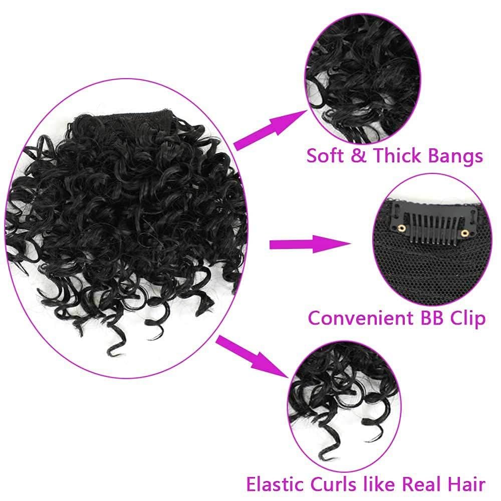 Afro Puff Drawstring Ponytail Extension - Curly Bangs Clip for Black Women | Synthetic Hairpiece (Black)