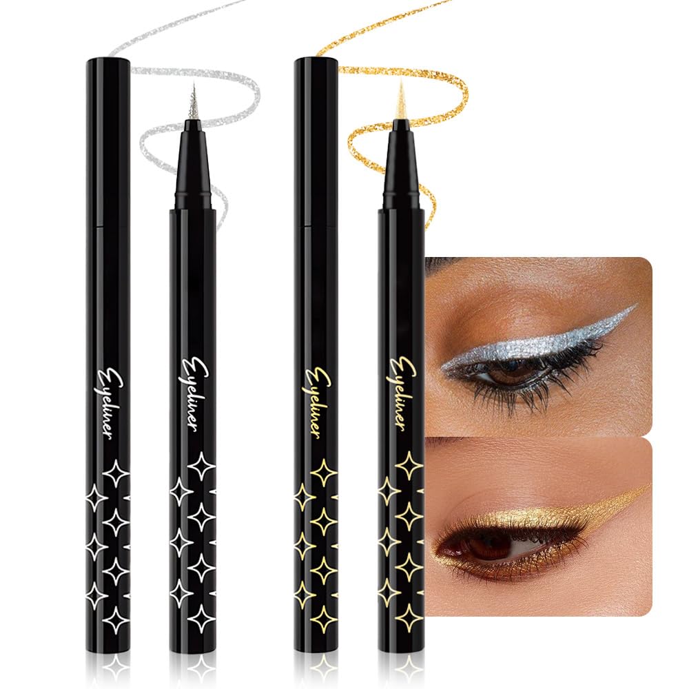 evpct 2Pcs Silver & Gold Glitter Sparkling Liquid Eyeliner, Metallic Shimmer Light Silver Eyeliner Liquid Eye Liner Eyeshadow Pencil Face Body Glitter Makeup, Longwear Waterproof, Eyelashes Mascara