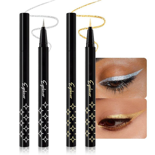 evpct 2Pcs Silver & Gold Glitter Sparkling Liquid Eyeliner, Metallic Shimmer Light Silver Eyeliner Liquid Eye Liner Eyeshadow Pencil Face Body Glitter Makeup, Longwear Waterproof, Eyelashes Mascara
