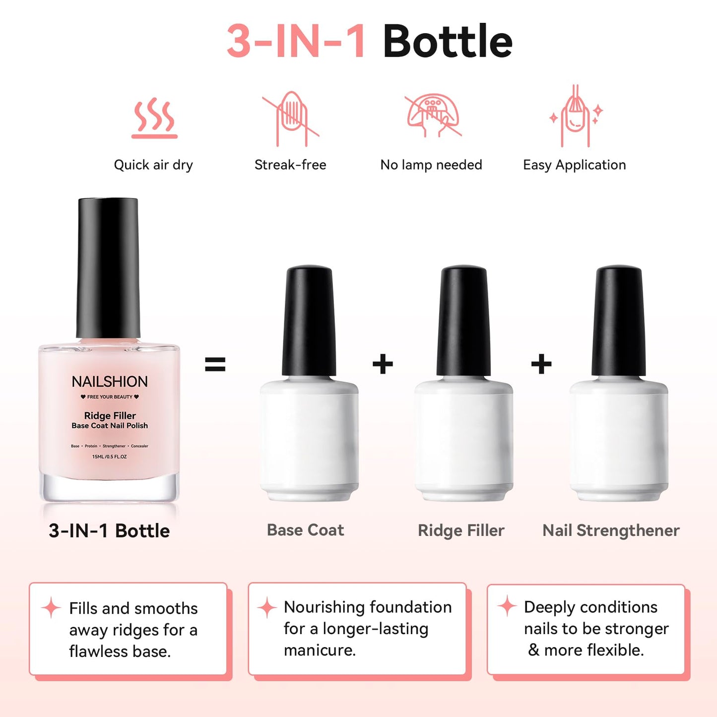 Nailshion Ridge Filler Base Coat 3-in-1 Nail Strengthener Growth for Damaged Uneven Nails & Ridges, Nourish VE & Protein-Fortifying Leveling Base for Smooth, Flawless Polish | Vegan Cruelty Free