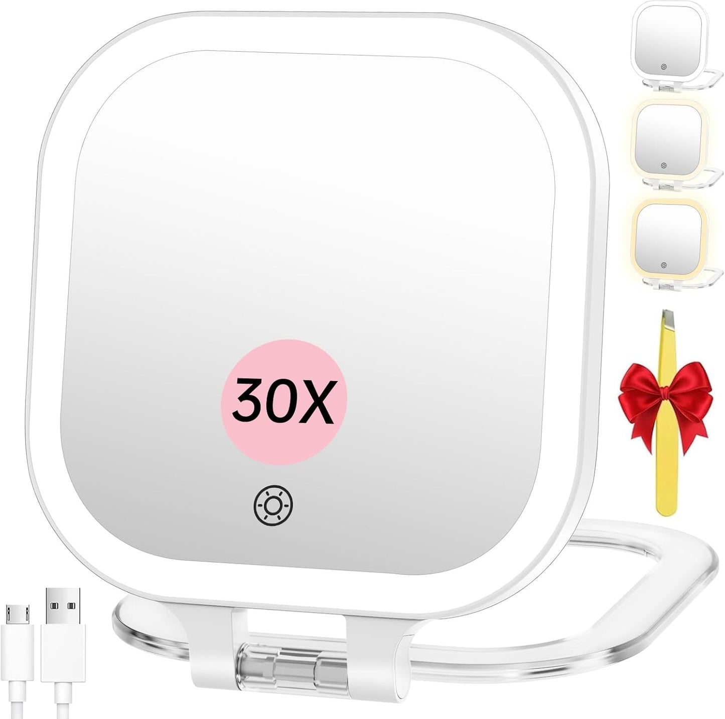 Rechargeable Travel Makeup Mirror - 30X Magnification, 7" Lighted Vanity Mirror with 3 Color Lighting & Dimming | Black
