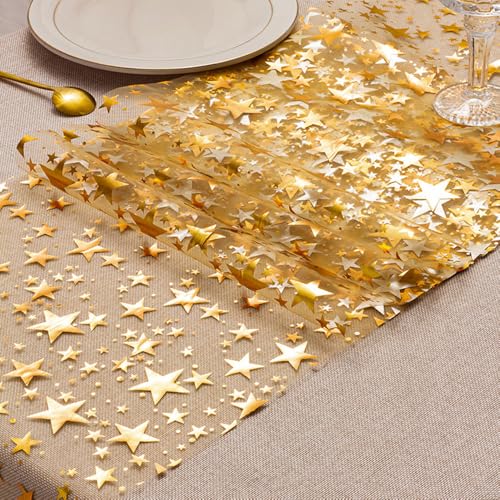 Gold Star Table Runner Set - 3 Rolls, 11" x 106" Polyester Decor