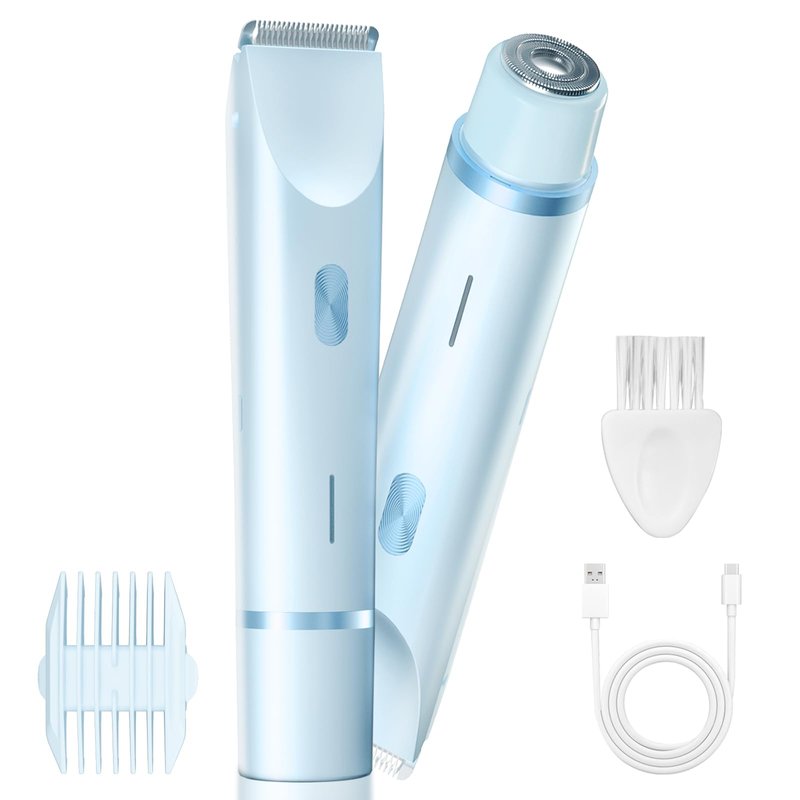 AMURS Bikini Trimmer for Women, Dual-Head Electric Body Hair Trimmer for Sensitive Areas, IP67 Waterproof Rinsable, USB-C Rechargeable Groomer for Bikini Line, Underarms, Legs & Face (Cloud Blue)