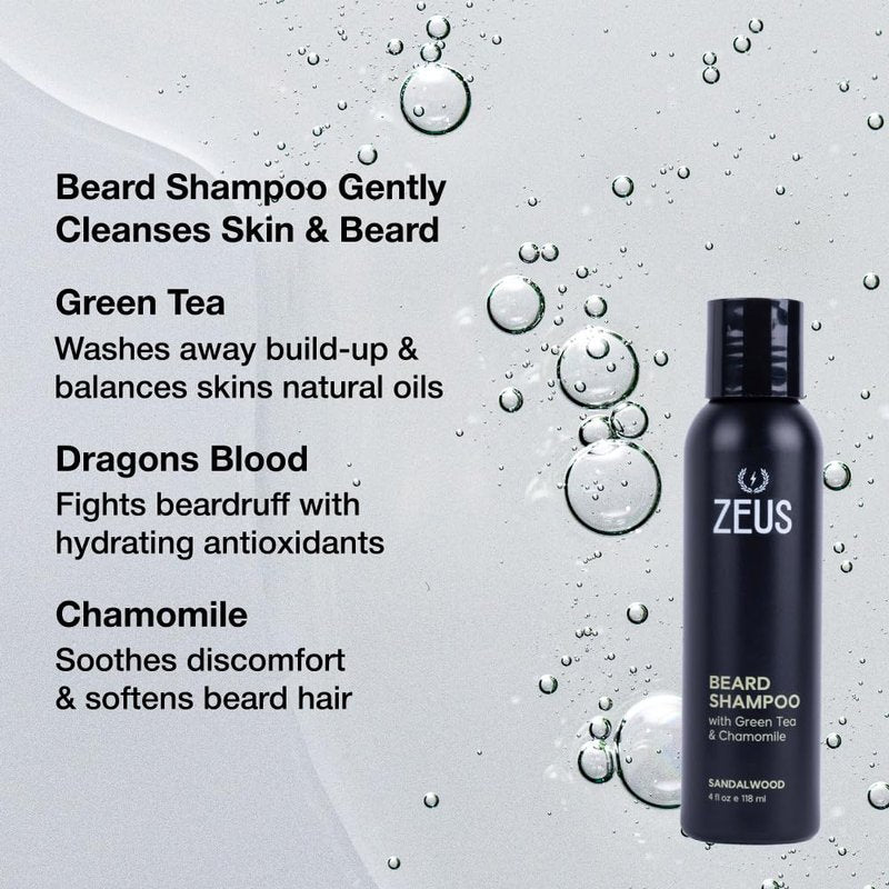 ZEUS Sandalwood Beard Wash Set for Men, Shampoo & Conditioner Duo with Green Tea & Essential Oils, Hydrates, Softens & Strengthens Beard Hair (Made in USA)