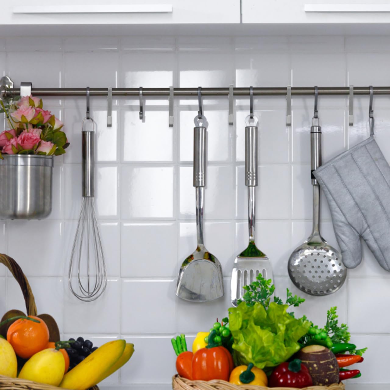 POPETPOP 20-Pack Stainless Steel J-Hooks Heavy Duty Wire Rack Hooks – Rustproof Clip-On Hanging for Pots, Towels, Clothes – Kitchen, Bathroom, Closet Storage