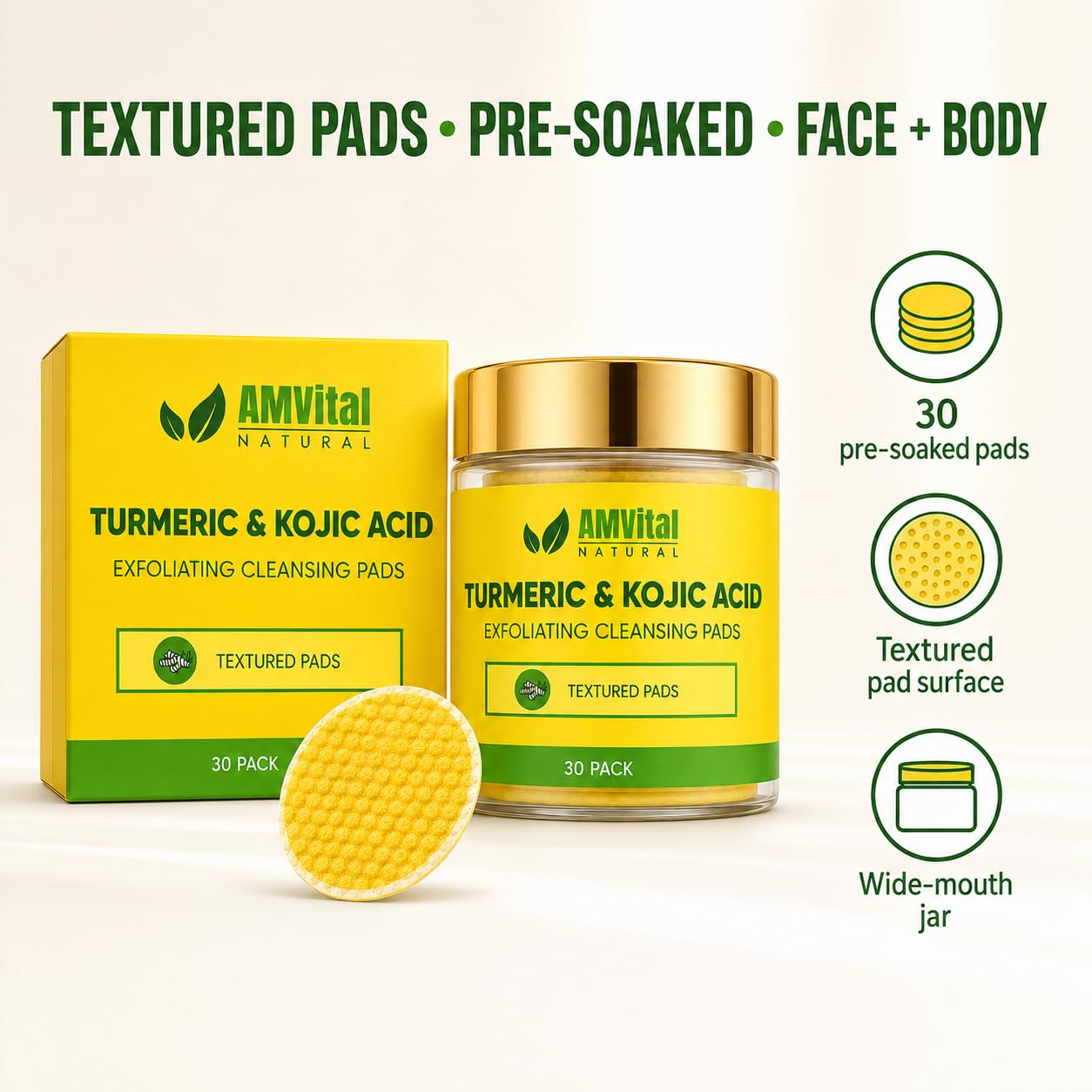 AMVital Turmeric Kojic Acid Cleansing Pads, Pre-Soaked Face Pads