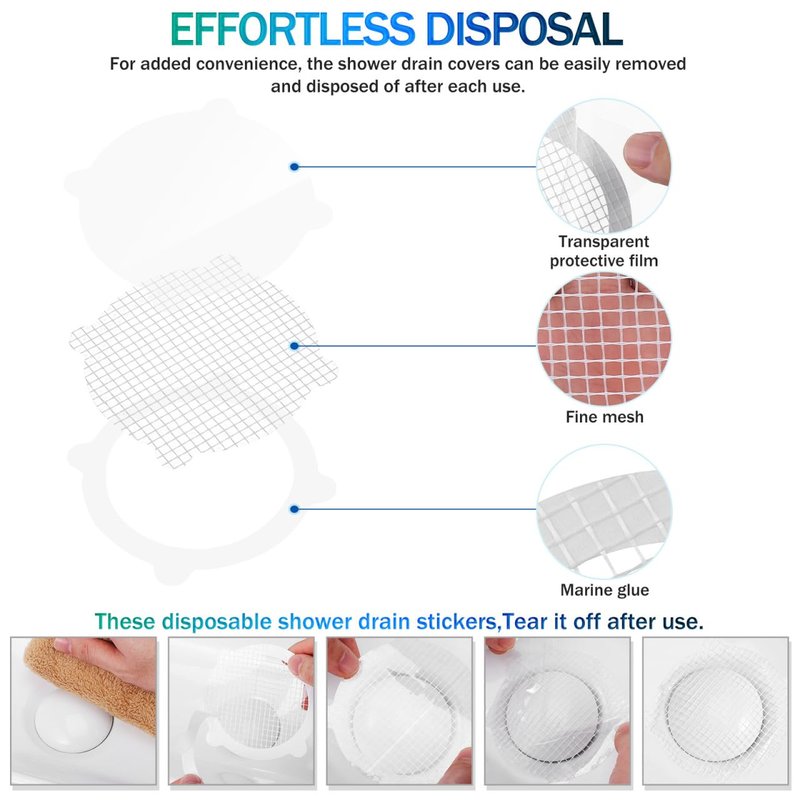 POPETPOP 50 Pcs Disposable Shower Drain Hair Catcher Mesh Stickers Round Adhesive Floor Drain Covers for Bathroom and Kitchen Hair Stopper