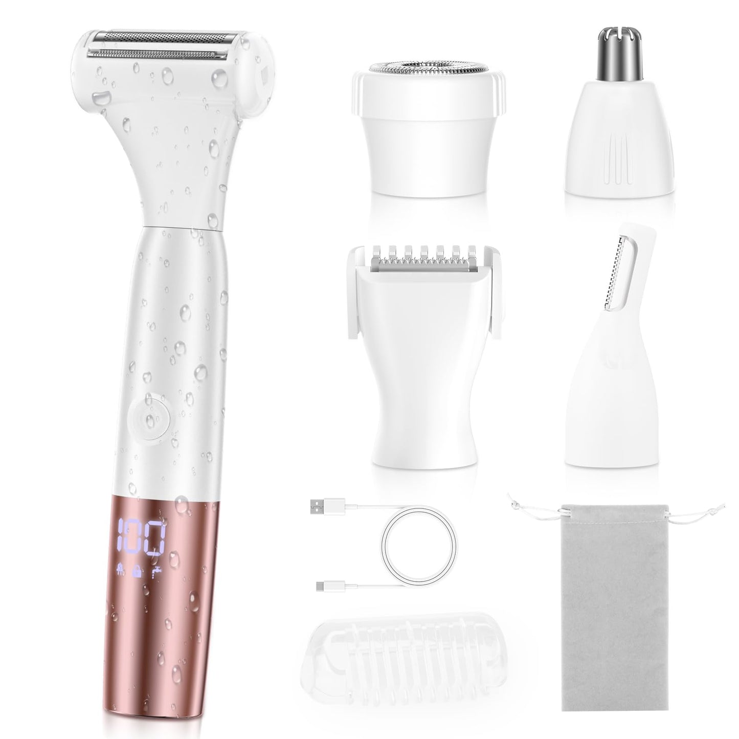 5-in-1 Bikini Trimmer Electric Razors for Women, Cordless Electric Shaver with LCD Display for Facial Body Legs Hair, Rechargeable Waterproof Pubic Body Hair Trimmer Holiday Birthday Gifts for Women