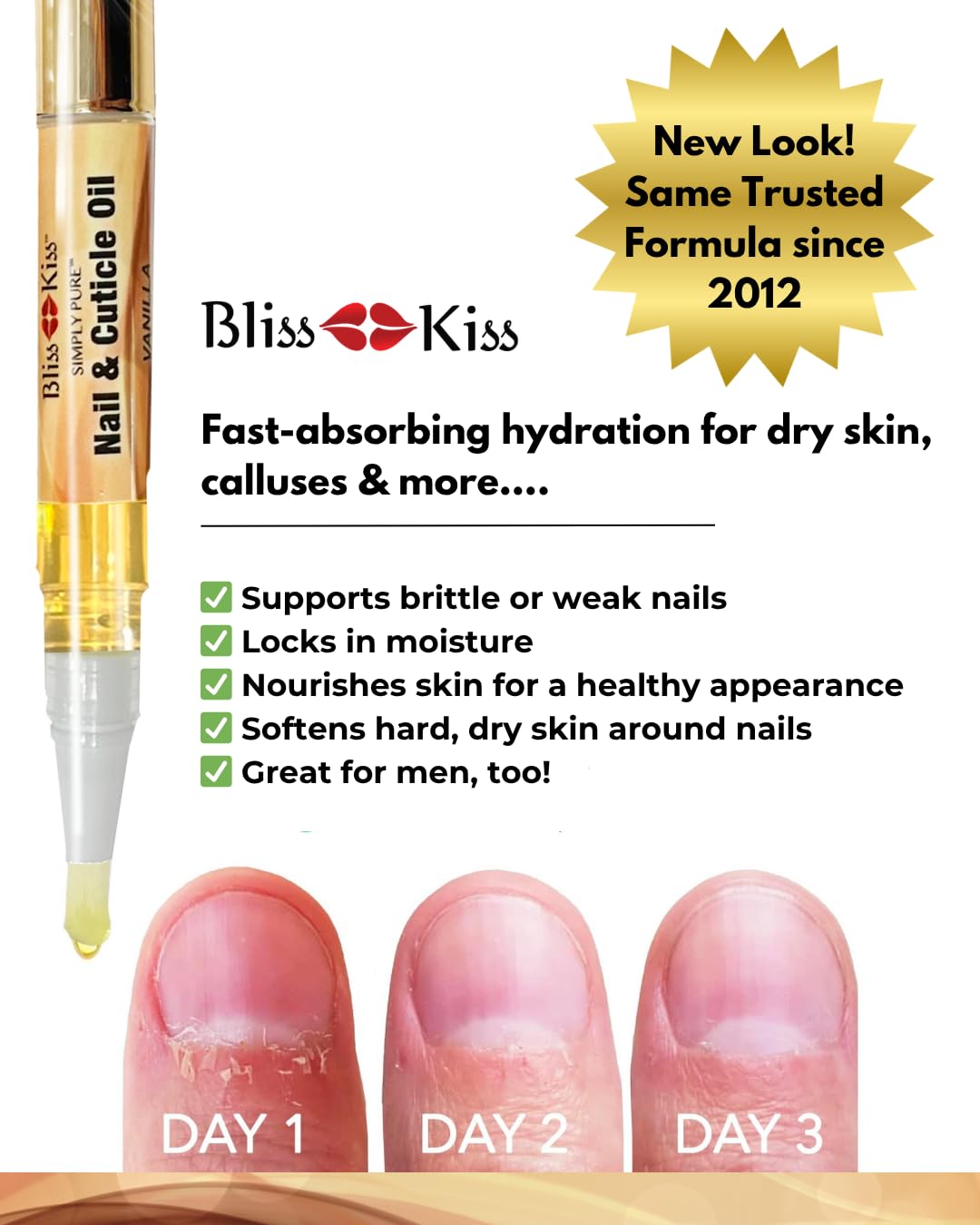 Bliss Kiss | 1 Vanilla Fragrance | Nail Oil Cuticle Pen w/Vitamin E & Jojoba⏤Nail Strengthener Nail Growth Serum for Brittle Peeling Breaking Thin Nails